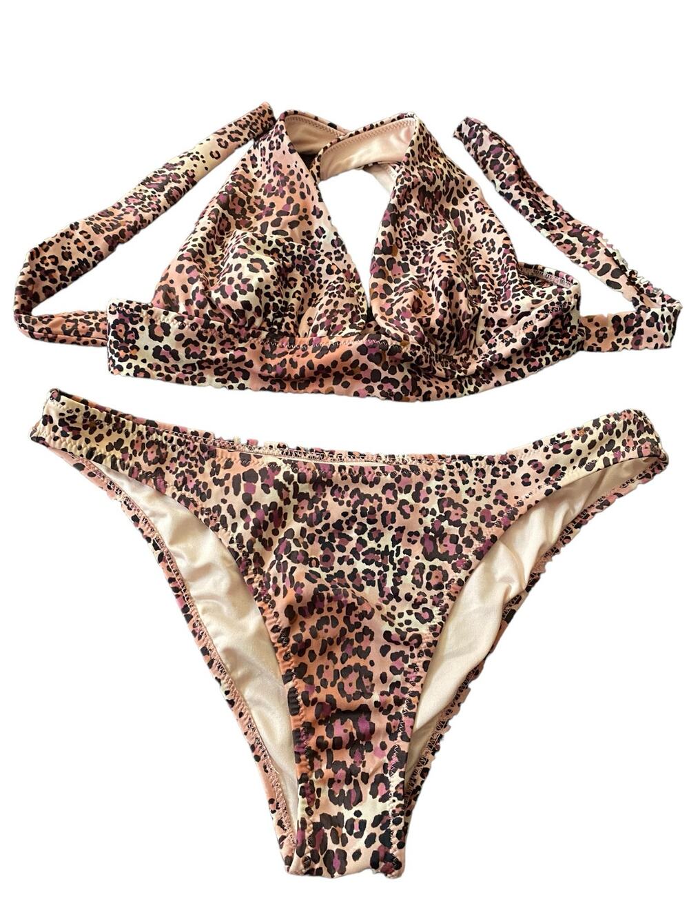 Shade & Shore 2 PC Bikini Animal Print Size Small Brown Pink Halter Swimwear